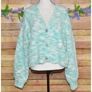 Wild Fable Ladies XXL Rhinestone Button Green Chunky Knit Cardigan Crop Sweater